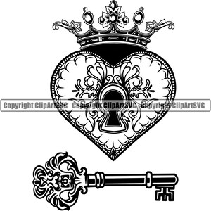 Herz Schloss Schlüssel Liebe König Krone Konzept Vintage Alt Retro Verziert Symbol Tattoo Deco Form Kunstwerk Art Design Logo SVG PNG Vektor Clipart Cut