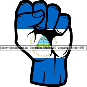 May include: A raised fist with the Nicaraguan flag painted on it. The flag features a blue triangle with a white star and a white border, a white stripe, and a blue stripe. The text "REPUBLICA DE NICARAGUA" and "AMERICA CENTRAL" is visible on the flag.
