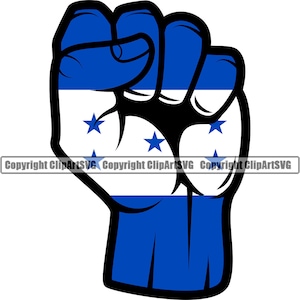 May include: A raised fist with the colors of the Honduran flag. The fist is blue, white, and blue with five blue stars on the white band.