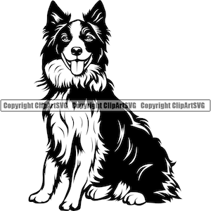 Könnte beinhalten: Schwarz-weiße Silhouette eines Border Collie Hundes, der sitzt und die Zunge herausstreckt.