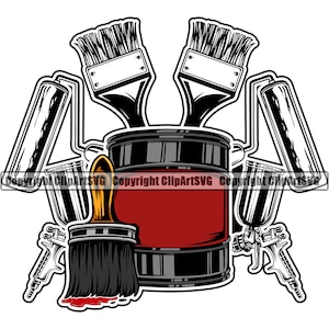 May include: A black paint can with red paint inside, surrounded by paint brushes, rollers, and spray guns.  The tools are arranged in a symmetrical pattern.