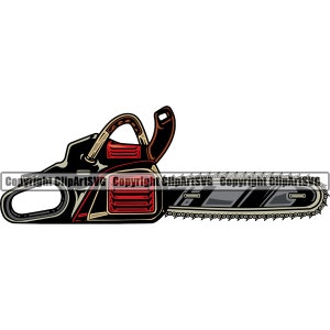 May include: A black and red chainsaw with a silver chain and a black handle. The chainsaw is a power tool used for cutting wood.