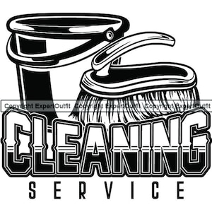 May include: Black and white illustration of a bucket and scrub brush with the text "Cleaning Service".