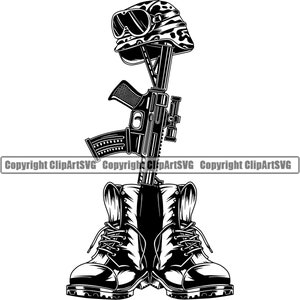 Botas militares Placas de identificación Soldado caído Veterinario Signo de héroe de guerra Veterano de EE. UU. Botas de armas Casco P.O.W. M.I.A Arte Diseño Logo SVG PNG Vector Clipart Corte