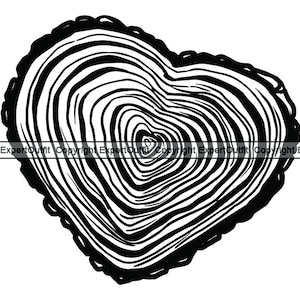 May include: Black and white illustration of a tree trunk cross-section in the shape of a heart. The rings of the tree are visible, showing the growth of the tree over time.