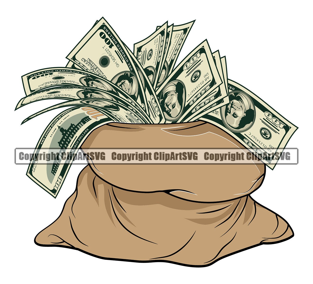 Money Bag 100 Hundred Dollar Bill Sack Bank Stack Wealth Cash Pile