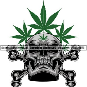 Skalle, korsben, marijuanablad, skelett, flin, flinande, ben, kruka, ogräs, cannabis, drog, rökning, medicinsk ört, konst, logotyp SVG PNG Clipart, vektor, klipp
