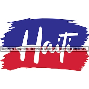 May include: A blue and red brushstroke design with the word "Haiti" written in white.