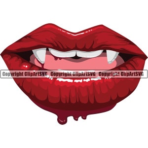 May include: Red lips with sharp fangs and dripping blood. Halloween themed illustration.