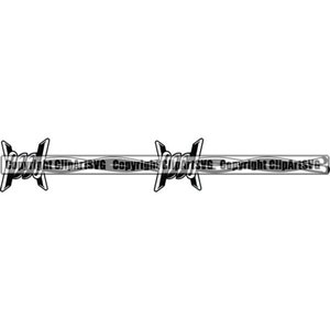 May include: Black and white illustration of a barbed wire fence. The wire is twisted and has sharp points.