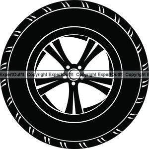 Könnte beinhalten: Schwarz-weiße Illustration eines Autorads. Der Reifen hat ein Profilmuster, und die Felge hat ein Mehrspeichen-Design. Geeignet für Produkte im Automobilbereich oder Fahrzeugbereich.