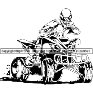 Könnte beinhalten: Schwarz-weiß-Illustration einer Person, die ein Quad fährt. Die Person trägt einen Helm und eine Schutzbrille. Das Quad hat vier Räder und einen Überrollkäfig.