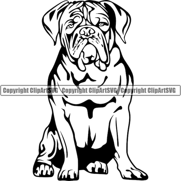 Dogue De Bordeaux Dog Sit Sitting Breed Happy Smile Paw Puppy Pup Pet K9 Bullmastiff English Mastiff Logo SVG PNG Clipart Vector Cut Cutting