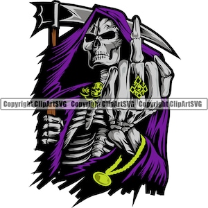 Grim Reaper Crâne Squelette Os Faucille Lame Doigt Du Milieu Mort Mal Tuer Tueur Grim Fantôme Tatouage Enfer Art Logo SVG PNG Vector Clipart Coupe