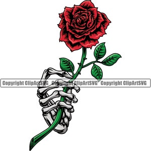 Könnte beinhalten: Eine skelettartige Hand hält eine einzelne rote Rose mit grünen Blättern und Dornen.