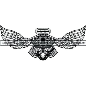 May include: Black and white illustration of a stylised engine with wings. The engine has a large intake manifold and multiple exhaust pipes. The wings are spread out on either side of the engine.
