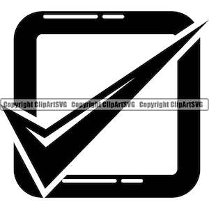 May include: Black and white checkmark icon inside a square. The checkmark is bold and has a double line. The square has a thin, double line border.