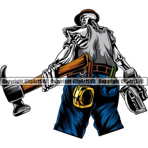 Carpenter Skull Skeleton Home House Repair Service Construction Building Worker Tool Handyman Build Fix Logo SVG PNG Clipart Vector Cut