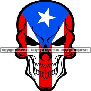 May include: A black and white skull with the Puerto Rican flag on the front. The flag is red, white, and blue with a white star in the centre.