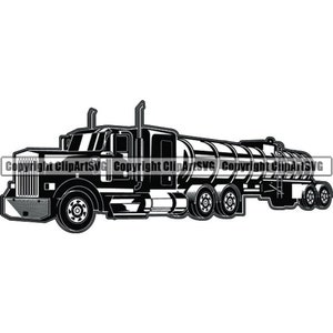 May include: Black and white illustration of a semi-truck with a tanker trailer. The truck has a large cab and a long trailer with a cylindrical tank.