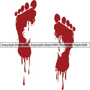 Blood Bloody Foot Print Feet Smear Drip Dripping Drop Cut Injury Wound Liquid Spill Horror Design Element Logo SVG PNG Clipart Vector Cut