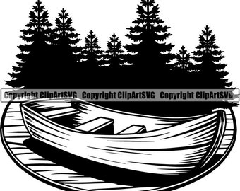 May include: A black and white illustration of a wooden rowing boat on a jetty with a forest of pine trees in the background.