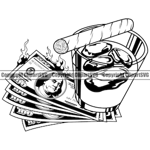 Cigar Burning Money 100 Hundred Dollar Bills Burn Drink Wealth Cash Rich Hustle Hustler Profit Art Design Logo SVG PNG Clipart Vector Cut