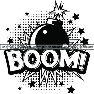 May include: Black and white illustration of a bomb with a lit fuse and the word "BOOM!" in a comic book style font. The background is a black and white polka dot pattern with stars.