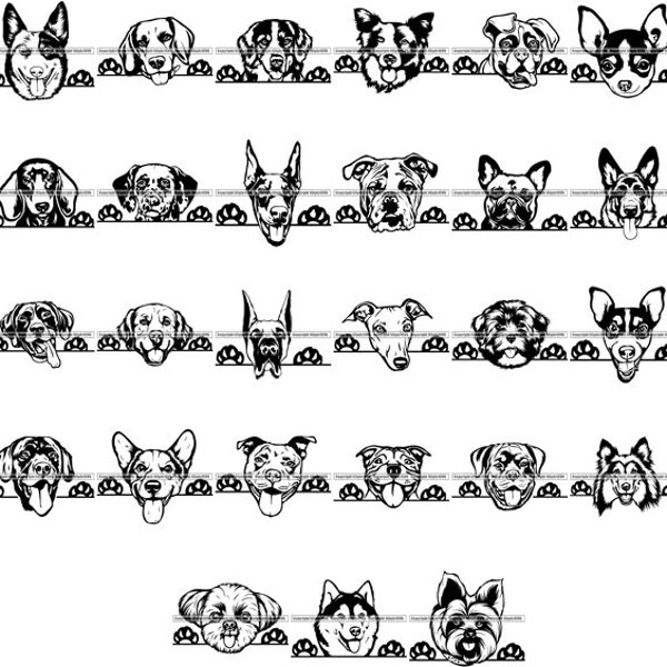 MEGA BUNDLE 27 Peeking Dog Breed  Head Face Puppy Pup Canine Pedigree Purebred Animal Pet Logo Design .SVG Clipart Vector Cricut Cut Cutting