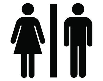 May include: Black and white silhouette of a person with a skirt and a person with pants, separated by a vertical line.