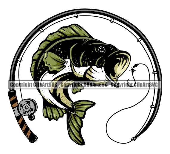 Bass Fish Fishing Rod Reel Pole Fresh Salt Water Lake River Ocean Deep Sea  Sport Game Boat Design Element Logo SVG PNG Clipart Vector Cut