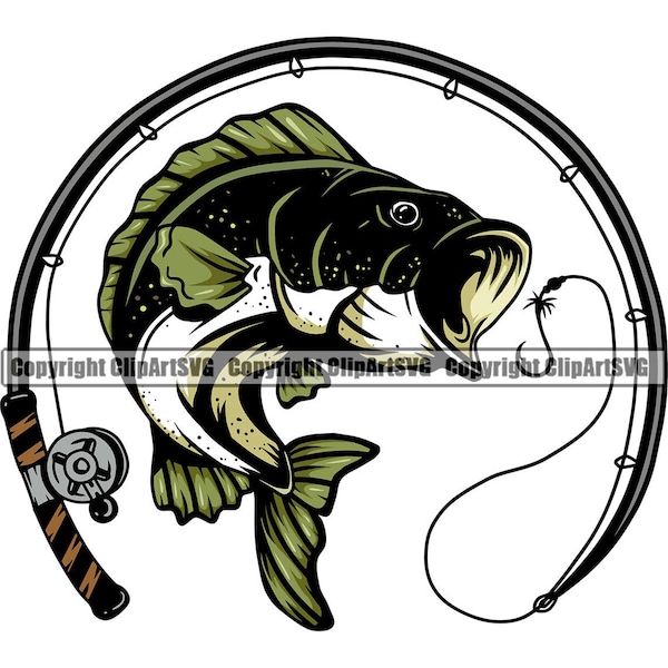 Pesce persico Canna da pesca Mulinello Acqua salata fresca Lago Fiume Oceano Mare profondo Sport Gioco Barca Design Elemento Logo SVG PNG Clipart Taglio vettoriale