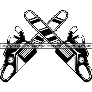 May include: Two black and white chainsaws crossed over each other. The chainsaws have a toothed blade and a handle.