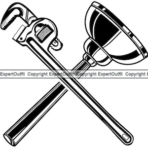 May include: Black and white illustration of a wrench and a plunger crossed over each other. The wrench has a serrated jaw and a handle. The plunger has a rubber cup and a handle.