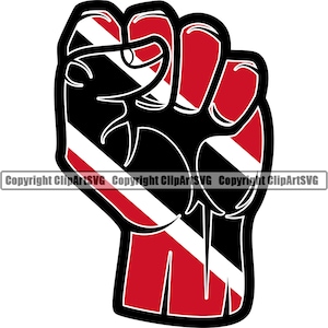 May include: A black fist raised in the air with the flag of Trinidad and Tobago painted on it. The flag is red, white, and black.
