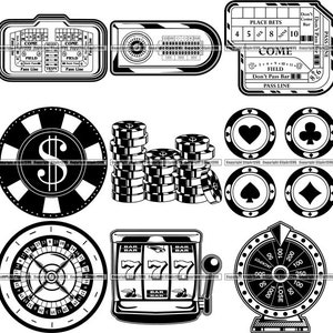 BUNDLE Gioco da casinò Gioco d'azzardo Roulette Chip Tavolo Craps Dadi Layout Ruota Poker Las Vegas Lucky Fortune Art Logo. SVG. PNG Taglio vettoriale