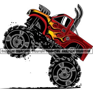 Monster Truck Extreme Vehicle Muscle Big Wheel Fire Flames Tire Off Road 4x4 Jam Event Company Driver Race Logo SVG PNG Clipart Vector Cut