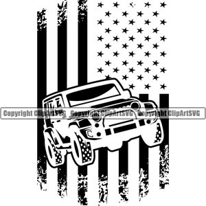 May include: Black and white silhouette of a Jeep driving over a distressed American flag. The Jeep is facing the viewer and has a front grill and headlights. The flag is behind the Jeep and has red and white stripes and blue stars.