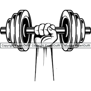 May include: Black and white illustration of a hand lifting a barbell weight.
