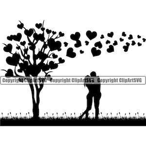 Pareja besándose amor árbol corazón hierba familia cuidado hoja naturaleza crecer vida primavera marco pared arte decoración diseño tarjeta logotipo SVG PNG vector corte archivo