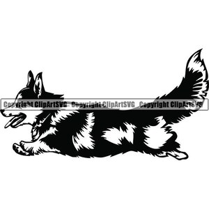 May include: Black and white silhouette of a corgi dog running with its tongue out.