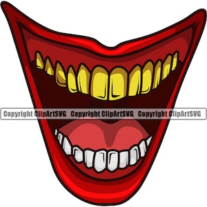 Joker Smile Gold Teeth Thug Clown Scary Mouth Mask Evil Grin Grill Grillz Joke Trick Ha Art Design Element Logo SVG PNG Clipart Vector Cut