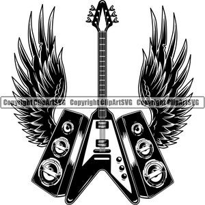 Rock N Roll E-Gitarre Lautsprecher Flügel Heavy Metal Musik Star Sonnenbrille Musiker Band Song Sound Design Logo SVG PNG Vektor Clipart Cut
