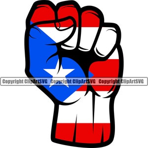 May include: A raised fist with the colors of the Puerto Rican flag. The fist is red, white, and blue with a white star in the blue section.