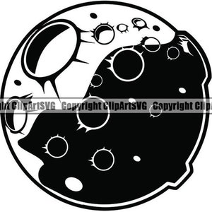 May include: Black and white silhouette of a moon with craters.