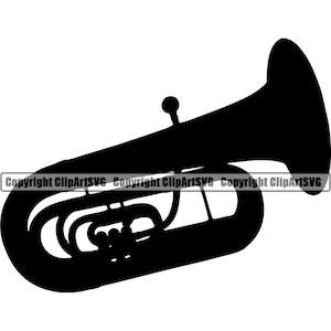 Könnte beinhalten: Eine schwarze Silhouette einer Tuba, ein Blechblasinstrument mit einem glockenförmigen Mundstück und einem langen, zylindrischen Korpus.