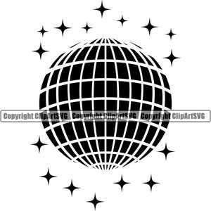 May include: Black and white illustration of a disco ball with a grid pattern surrounded by small stars. Copyright ClipArtSVG.