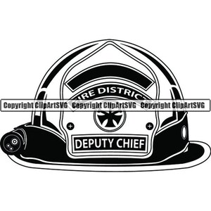 May include: Black and white silhouette of a firefighter helmet with the text "Fire District" and "Deputy Chief" on the front.
