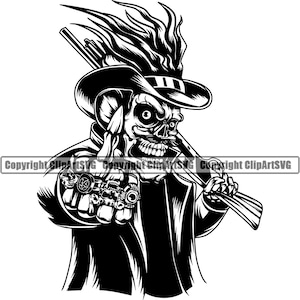 Schädel Schrotflinte Zylinder Feuer Flamme Skelett Grinsen grinsend Mittelfinger Tod Evil Killer Killer Tattoo Hölle Art Logo SVG PNG Vektor Clipart Cut
