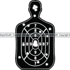 May include: Black and white silhouette of a human target with a bullseye and multiple bullet holes.